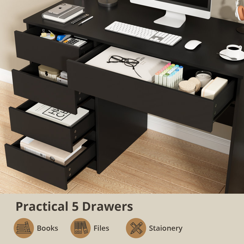Computer Desk With 5 Drawers, Rectangular Desk With Storage For Home And Office (black), Black