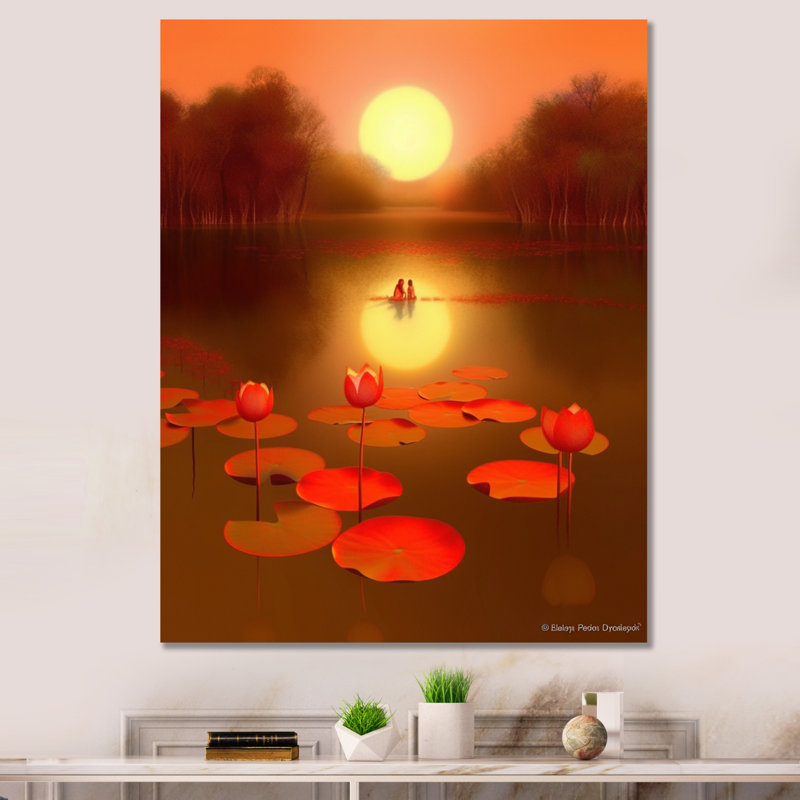 Asian Lotus Pond Serenity Full Moon Reflections sur toile, Toile tendue, H 20 po x l 12 po x P 1 po