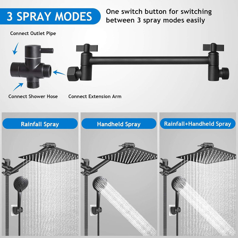 Matte Black Adjustable Height Rain Shower Head Combo with Handheld