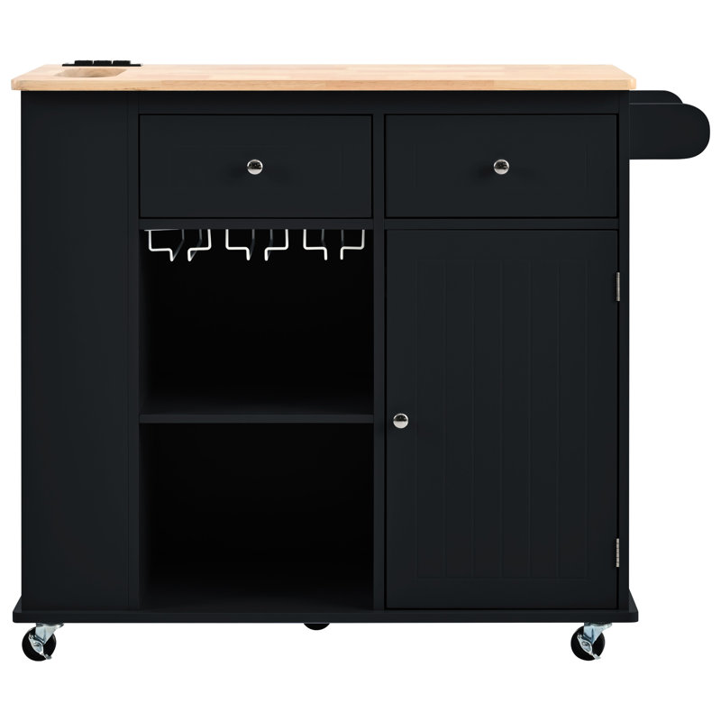 Kitchen Island With Electrical Socket & Drop Leaf. Black. Adjustable Shelves, Wine Storage. Convenient For Daily Use Connection Down Shelf, Side Storage, 5 Movement