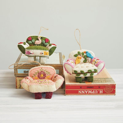 Handmade Wool Felt Sofa Chair Ornament with Applique and Hand-Embroidery