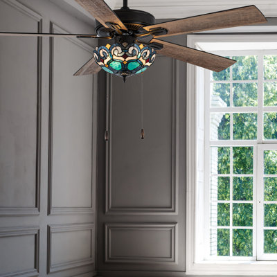 52" W Aramys 5-Blade Remote Controlled Ceiling Fan Tiffany Stained Glass