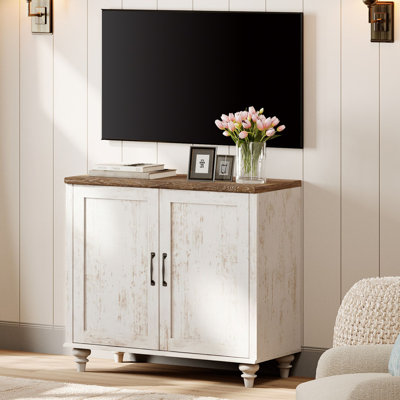 Corretta Farmhouse TV Stand For 43 Inch TV With 2 Wood Doors, Wood Universal TV Stand With Storage Cabinets, Entertainment Center TV Console Table For Living Room, Bedroom, Rustic White