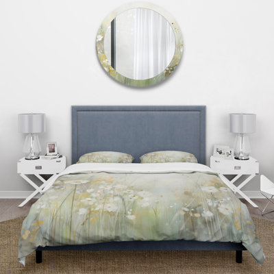 Modern Comforter Set 4 Pcs - Green Beige Serene Meadows II Bedding And Throw Pillow Set