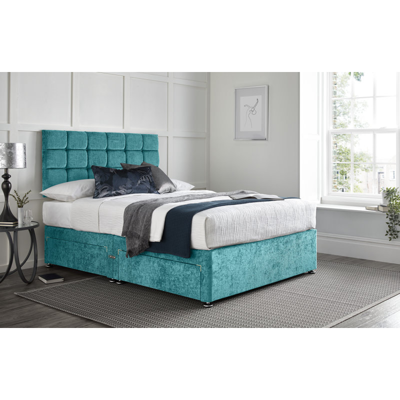 Wattenberg Divan Bed with 24" Headboard on Struts, Small Double (4'), Teal, 2 Side Drawers