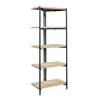 Bibliothèque à cinq étagères, fini brun, structure métallique robuste pour objets lourds, s'adaptant à tous les espaces, profondeur 58 cm, poids 13,3 kg, style scandinave et rustique, largeur 45,6 cm, hauteur 67 cm