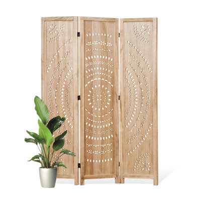 New Sunflower Design Room Divider, 3-Panel, Light Charred Finish