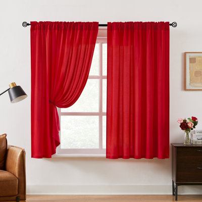  Christmas Red Sheer Curtains, Non-See-Through Privacy Semi Sheer Window Curtain Panels with Light Filtering, 2 Panels