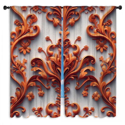 Ornate Orange Floral Window Curtains Floral Sheer & Room Darkening - 2 Panels