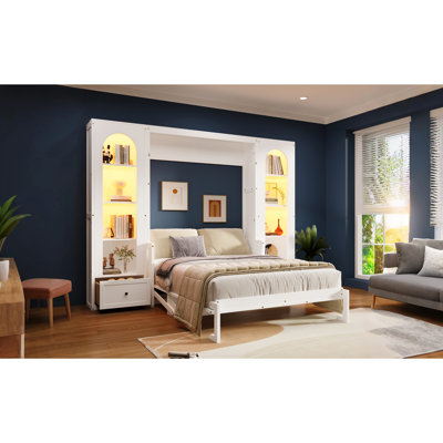 Queen Size Platform Bed With Shelf, Side Cabinets, White Led And Drawers - Pine Structure, French Elegance, Nighttime Use Wood Assembly, Style, Storage Convenience