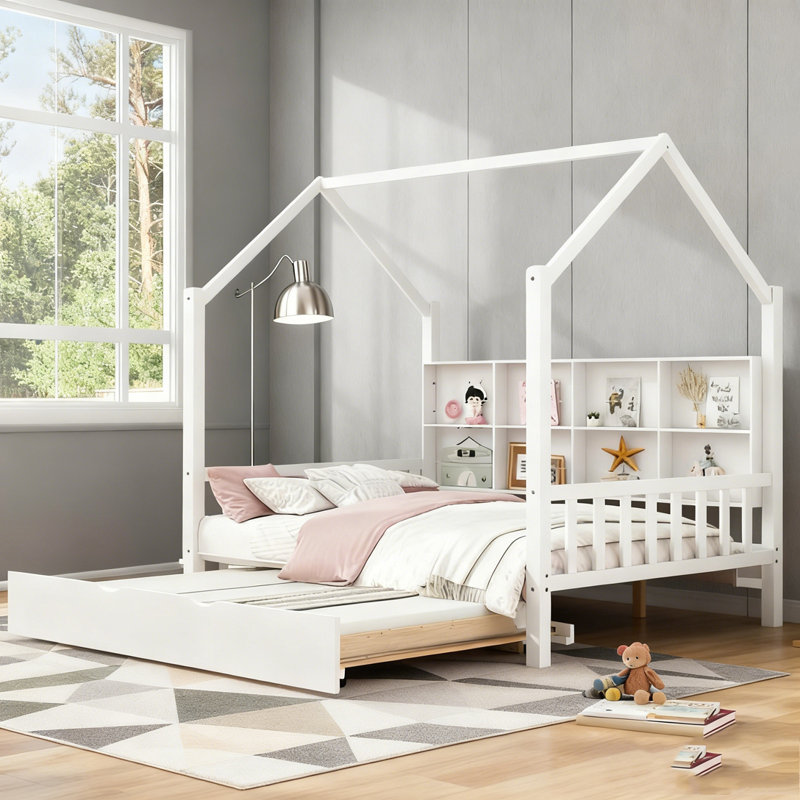 House Bed with Trundle,Kids Bed with Shelf, Twin