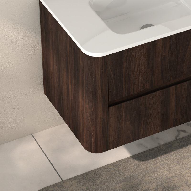 Meuble-lavabo mural de 30 po avec lavabo en céramique blanc, deux tiroirs à fermeture en douceur, noyer foncé, style américain - contreplaqué, tracas - installation pour salle de bain minimaliste intégrée