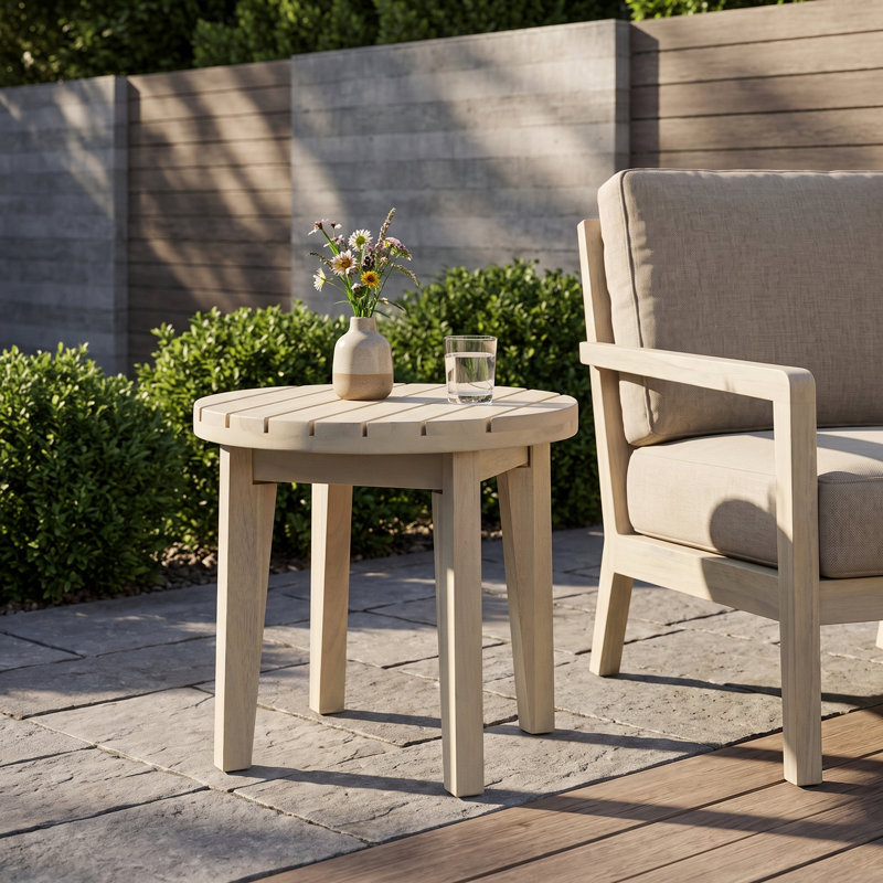 Table d'appoint d'extérieur carrée en bois d'acacia de 16 po, finition blanc clair, table de bout de patio portable pour jardin, balcon, bord de piscine