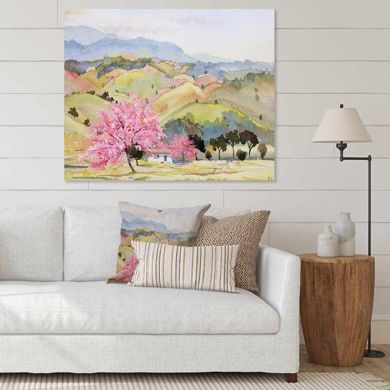 «Pink Mountain Tree in Autumn Landscape», peinture sur toile, L 40 po x H 30 po, Toile tendue