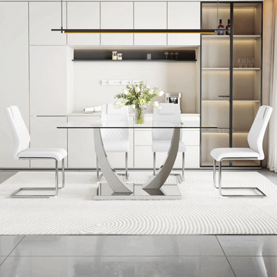 Table And Chair Set.Modern Dining Table,Tempered Glass Tabletop And Silver-Colored Leg.Paired With Soft And Comfortable High-Quality PU Dining Chairs With Silver Legs.