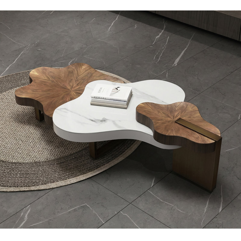 Luxury Cloud-Shaped 3-Piece Nesting Coffee Table Set, Sintered Stone & Walnut Top, Antique Bronze Metal Legs, Modern Artistic Living Room Centre Table