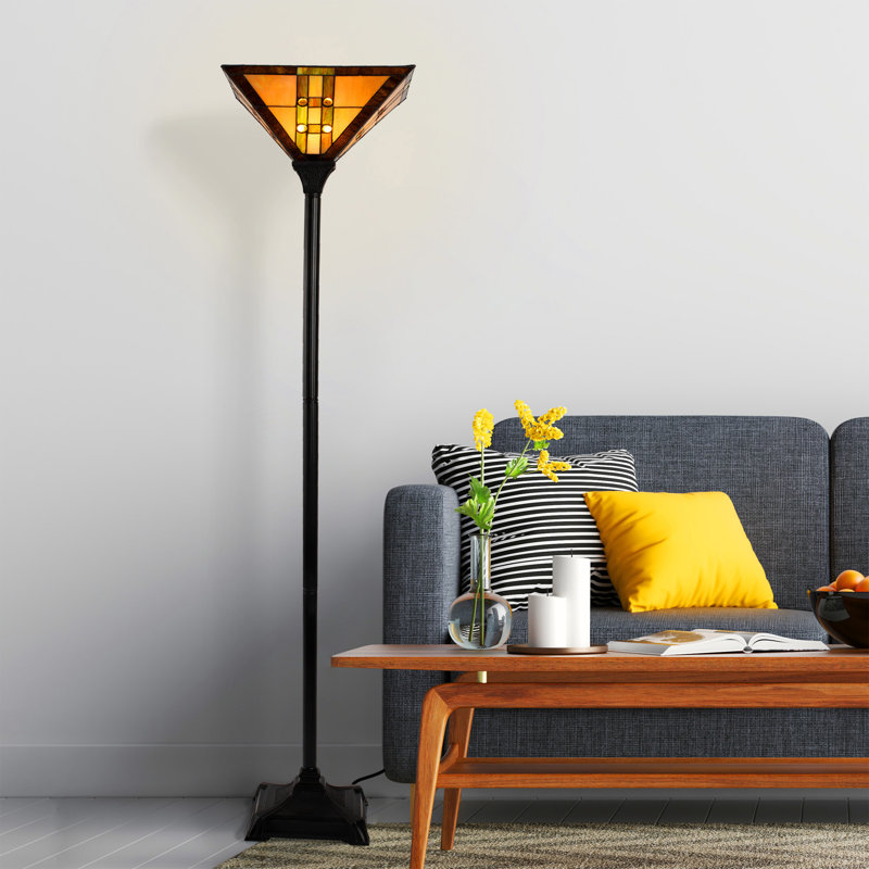 Millwood Pines Tiffany Style Floor Lamp – Mission Design Art Glass Torchiere Lighting LED Bulb Included- Vintage Look Handcrafted Accent Decor