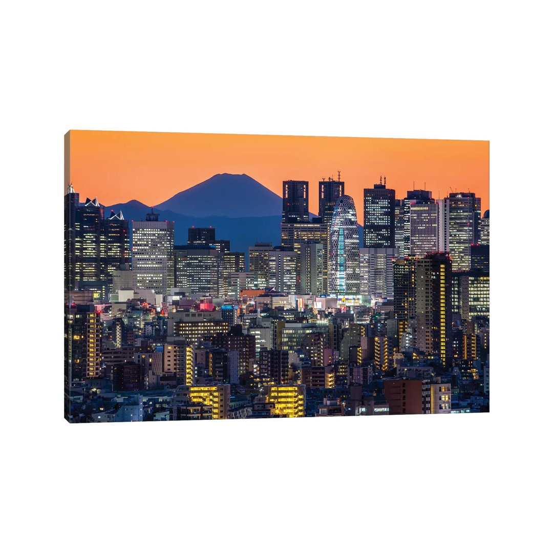Tokyo Skyline With Mount Fuji At Night by Jan Becke - Wrapped Canvas Print