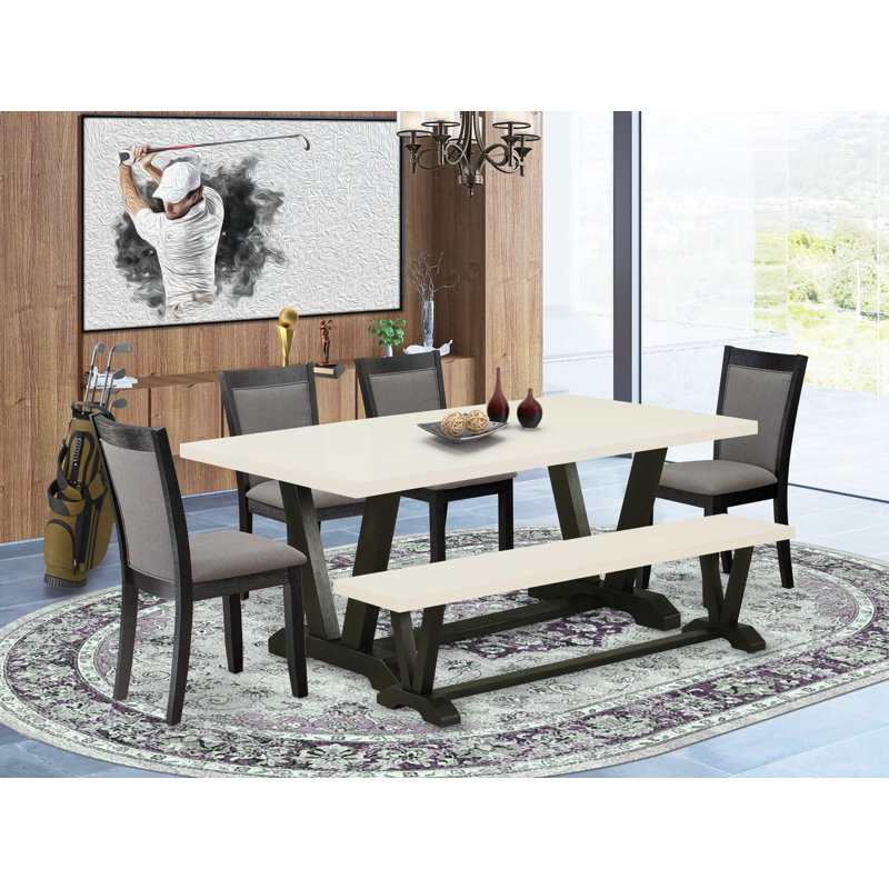 L'ensemble de table de style Mid-Century 6 pièces comprend une table moderne en lin blanc, un petit banc en bois et 4 chaises de salle à manger en tissu de lin Shitake avec dossier haut - finition noire brossée