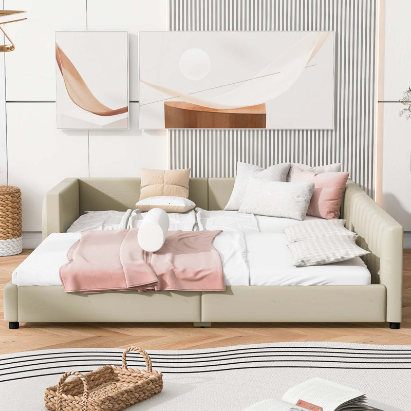 Lit plateforme tapissier grand et simple TG, lit mère et enfant, similicuir, Beige