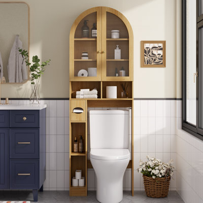 70" Tall Over-the-Toilet Storage Cabinet, Wood Freestanding Bathroom Organizer with Arched Fluted Glass Doors, Adjustable Shelves, Toilet Paper Holder & Anti-Tip Kit