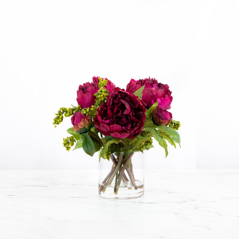 Faux peony arrangement in vase, Red