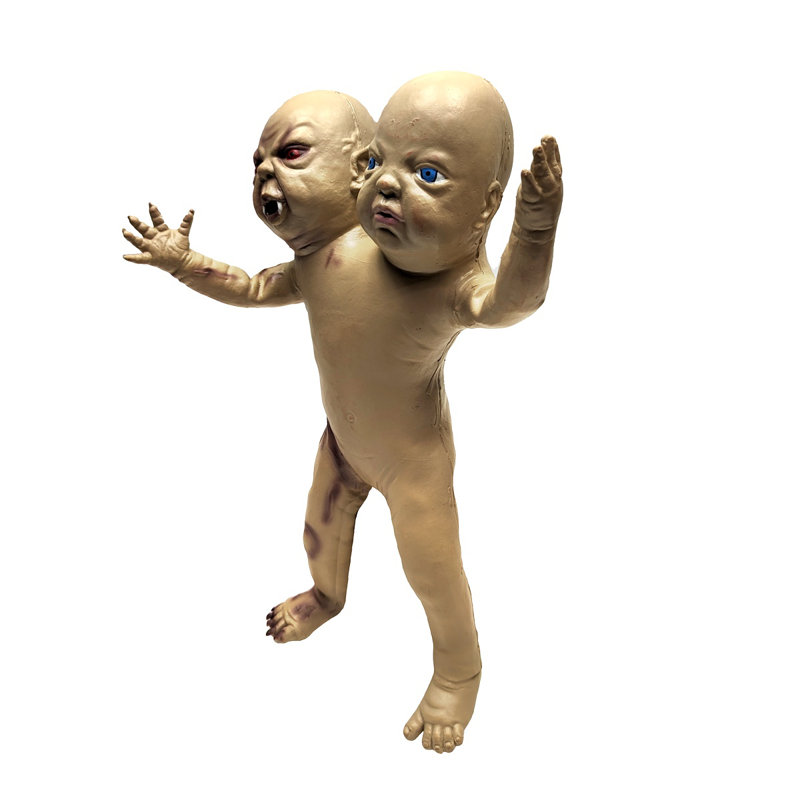 Scary 2 Headed Vampire Twins Creepy Baby Doll Horror Movie Prop Halloween Decor