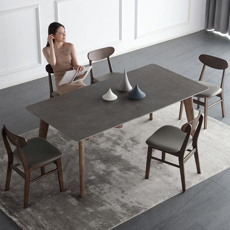 Gray + Nut-brown Rectangular Sintered Stone + Solid Wood Dining Table, 29.53" H x 70.87" W x 35.43" D
