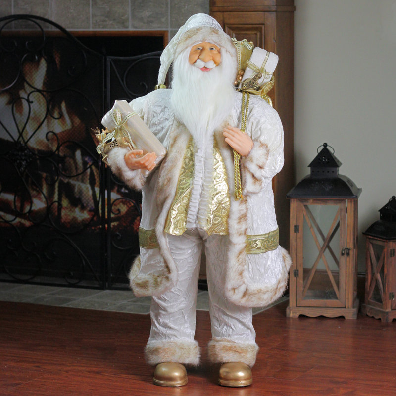 24" Winter White and Gold Santa Claus Metal Figurine