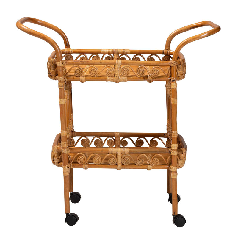 Natural Brown Rattan Round Kitchen Cart with Storage
