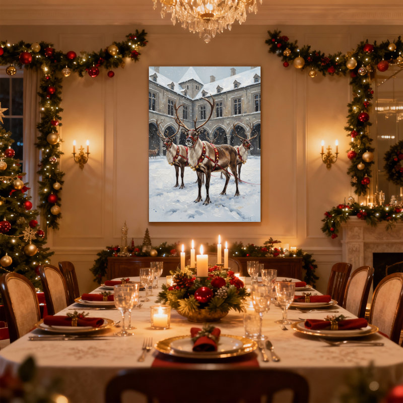 Renne de Noël dans une cour enneigée avec château, ensemble de 3 impressions sur toile, H 30 po x l 20 po