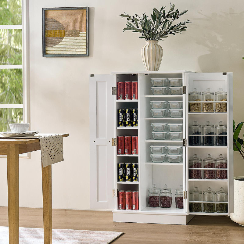Armoire de rangement pour garde-manger, garde-manger autoportant avec portes et tablettes réglables, petit garde-manger pour cuisine, salle de bricolage (blanc)