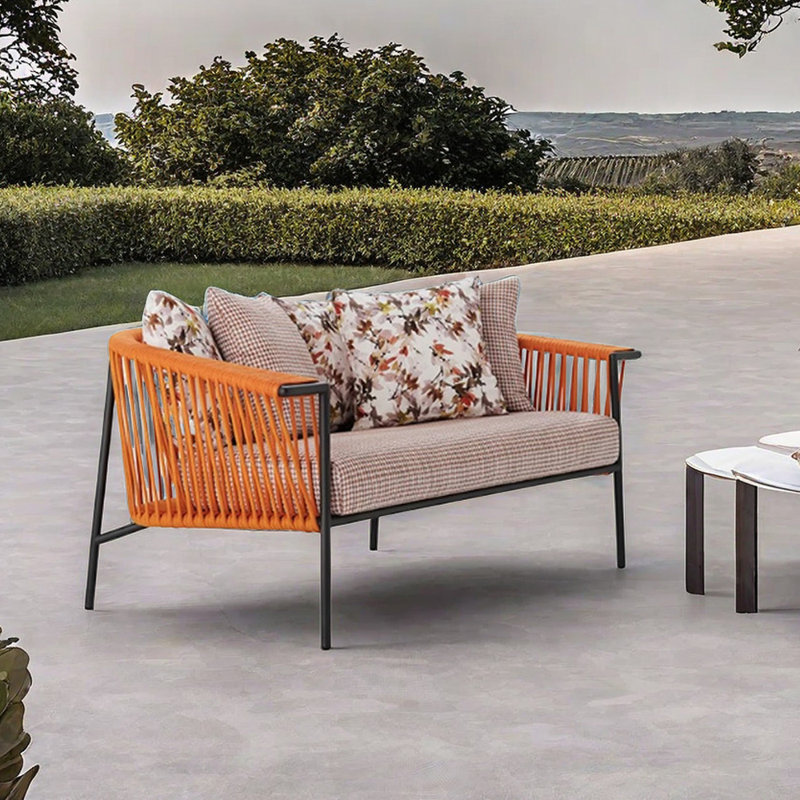 Nooriya 66.92'' Wide Rectangle Metal Loveseat with Cushions, White/Orange, Black/Orange