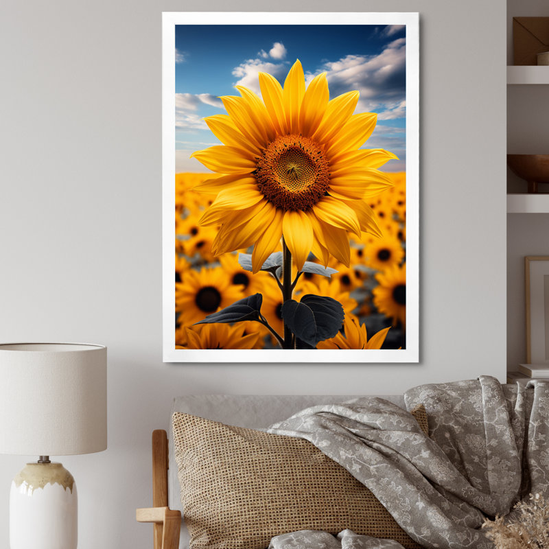 Tournesols jaunes dansant de Benjamin - impression, H 32 po x l 16 po x P 1 po, Cadre photo blanc