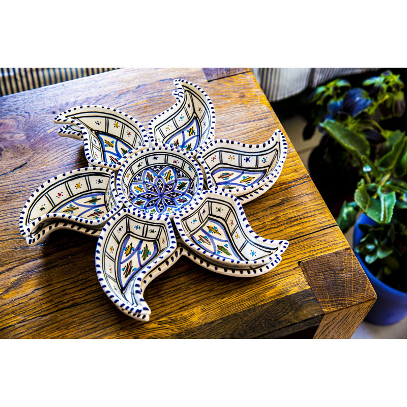 Dipper Handcrafted Ceramic Star Divided Serving Dish - 6 Piece Appetizer and Condiment Tray Set, 2" H x 13" W x 13" L, Blue