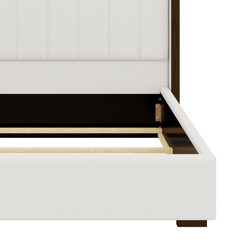 Tall Headboard Upholstered Bed With Vertical Striped And Wingback Design