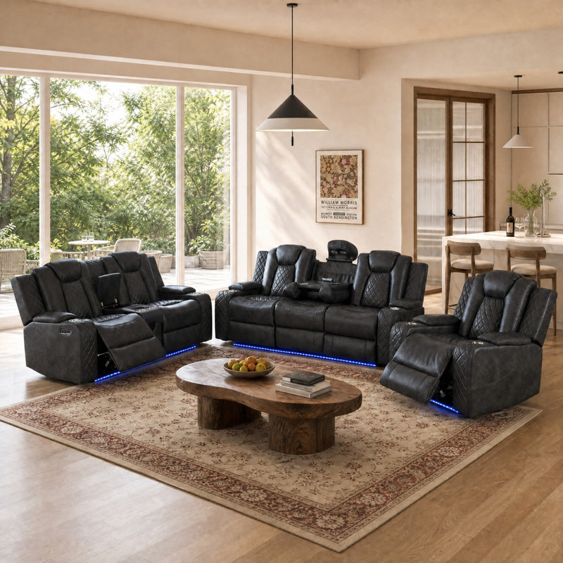 Ensemble de canapé cinéma maison inclinable électrique 3 pièces (fauteuil, causeuse et canapé) - Similicuir avec technologie intelligente et éclairage ambiant
