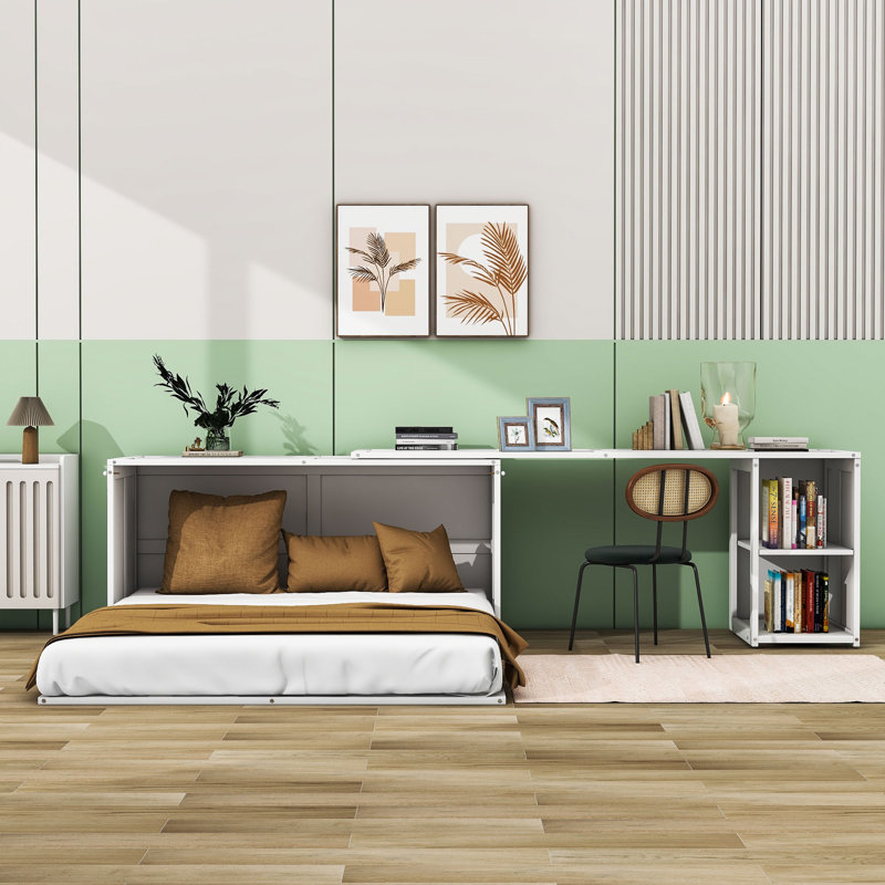 Grand lit escamotable en bois avec bureau rotatif et tablettes Hanlee, Blanc