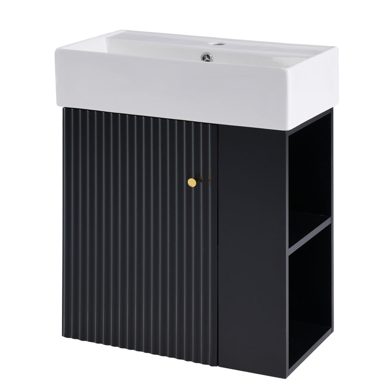 Modern Bathroom Vanity With Ceramic Basin And Wave-Patterned Door, Black