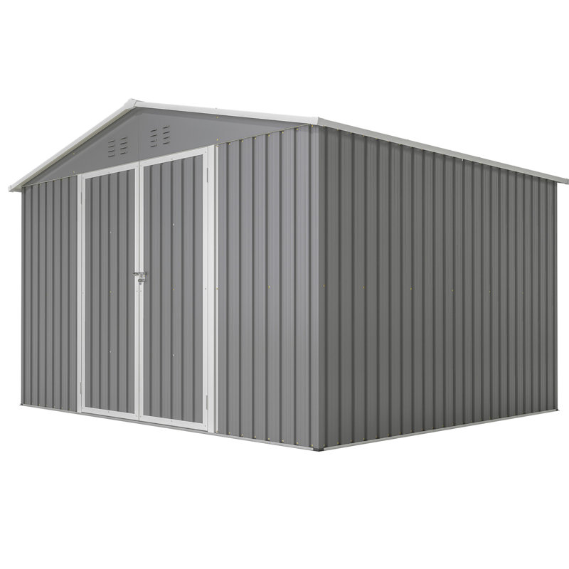Remise extérieure en métal 10 x 8 pi avec portes verrouillables - toutes saisons, gris idéale pour le jardin, le patio, la cour arrière, le rangement de la pelouse
