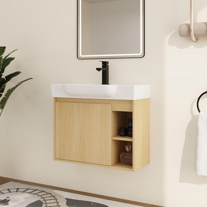 Marnar 28'' Wall-Mounted Single Bathroom Vanity With Ceramic Vanity Top, Light Brown, 28"
