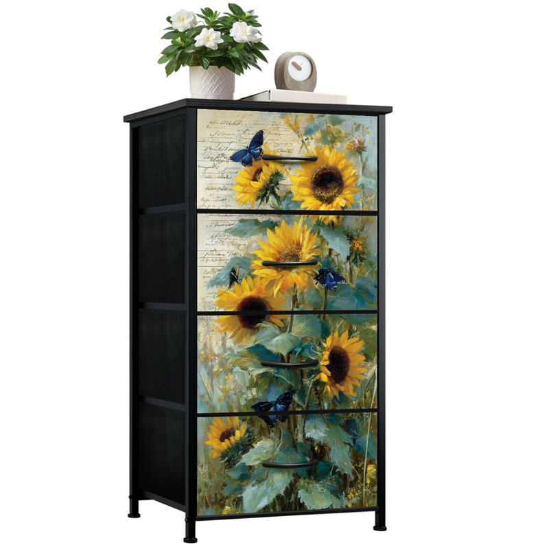 Commode vintage pour la chambre à coucher avec 4 tiroirs de rangement Peaceful Floral Flower Sunflowers Butterflies Soft Commode