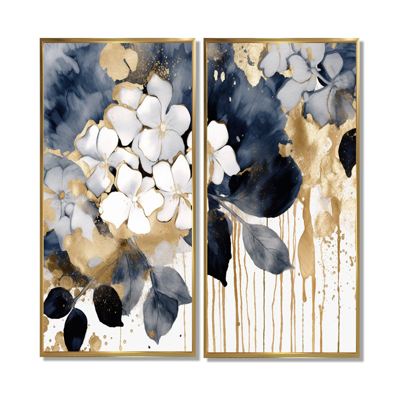 Or blanc hortensia Blooms Heaven I - art mural traditionnel bleu 2 panneaux, H 32 po x l 32 po, Gold