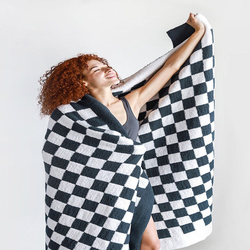 Checkerboard Checkered Knitted Throw Blanket, Midnight/Clear White Checkered
