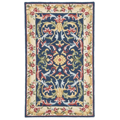 Ozella Hand Tufted Wool/Cotton Oriental Rug in Ivory/Navy