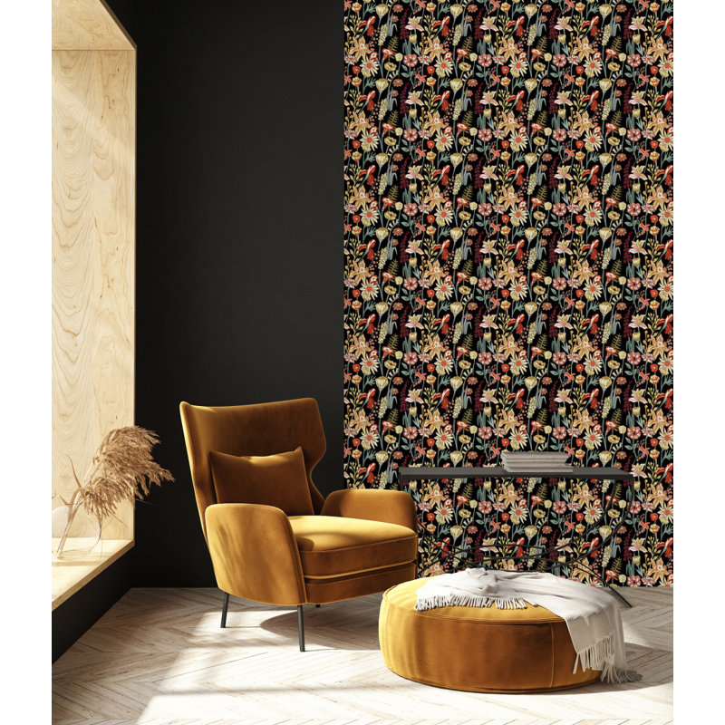 Panneau de papier peint fleurs sauvages sur fond noir L 10,4 pi x l 25 po