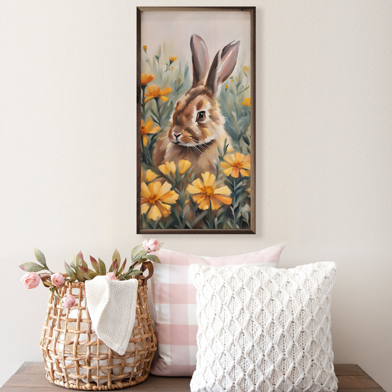 Lapin dans un champ de soucis, H 24 po x l 12 po