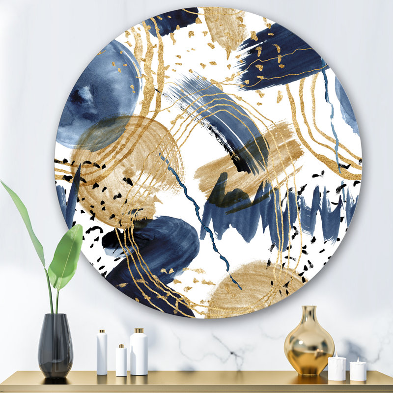 Motif abstrait avec art mural rond abstrait en métal bleu foncé et doré, H 36 po x l 36 po x P 1 po