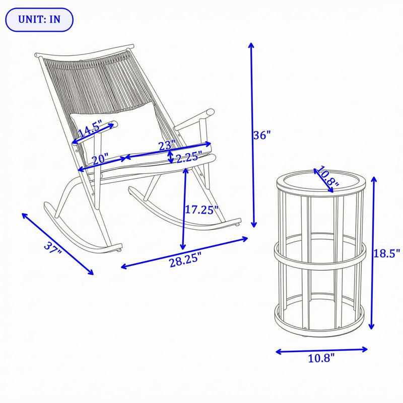 Ensemble de 3 chaises à bascule d'extérieur avec table d'appoint en céramique, chaises de patio en fer avec dossier et coussins en rotin en PE