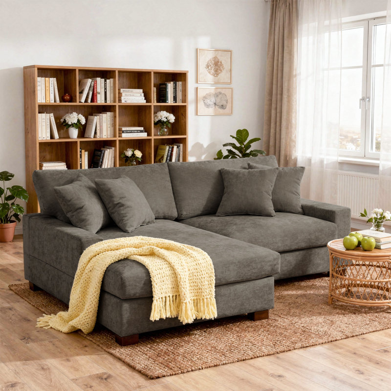 Canapé modulaire rembourré 2 pièces en chenille de couleur chameau avec accoudoirs et coussins décoratifs, Chenille chameau